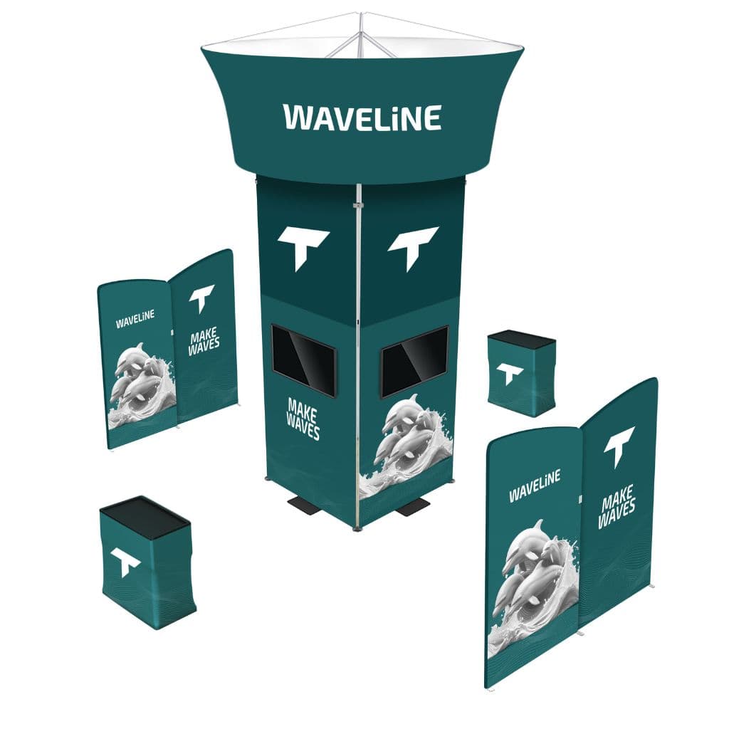 20 x 20 WaveLine Media Tower Island Trade Show Booth
