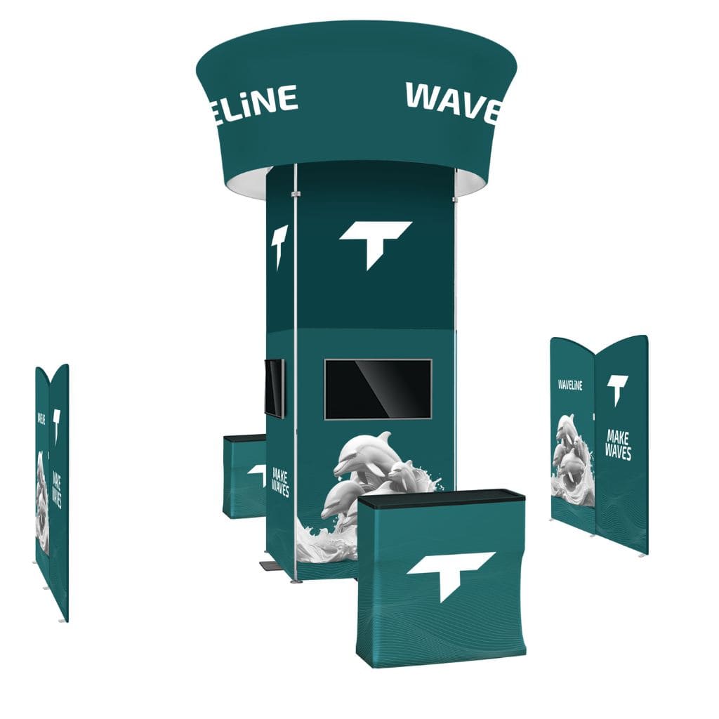 20 x 20 WaveLine Media Tower Island Trade Show Booth